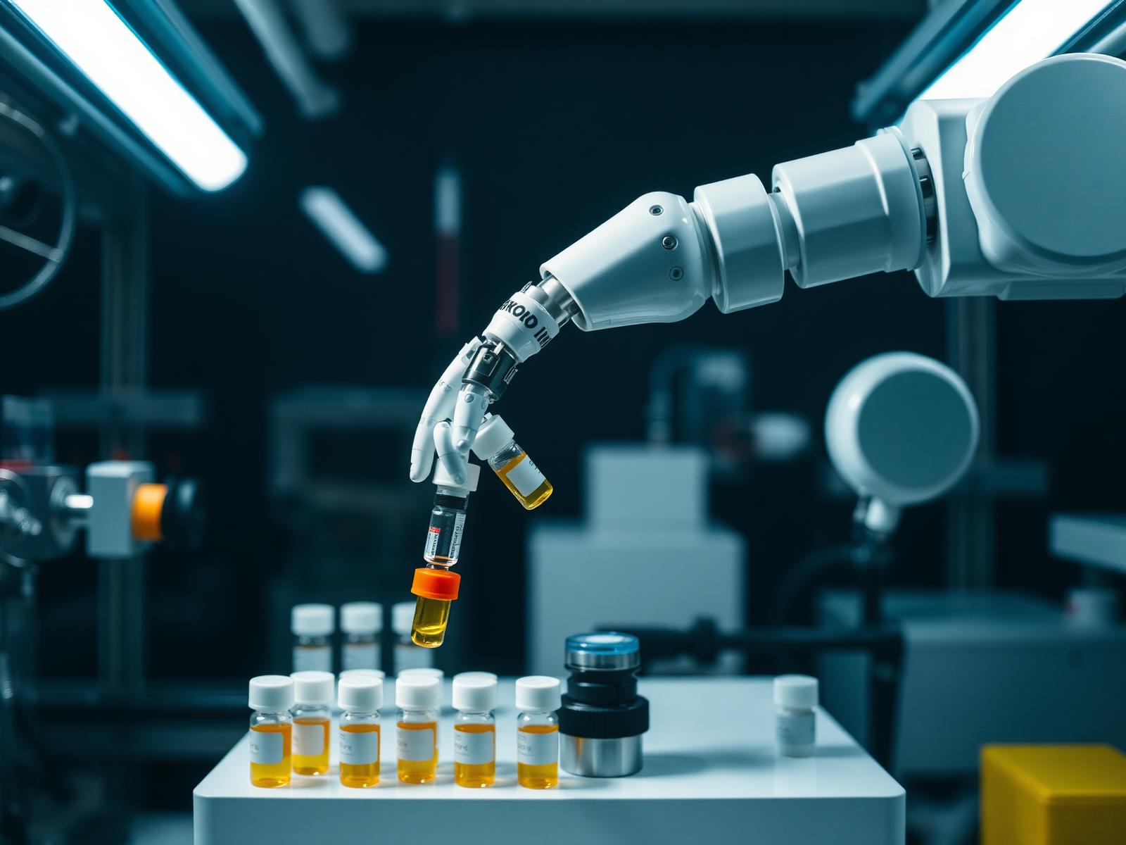 Robotic arm handling sample vials in an automated laboratory