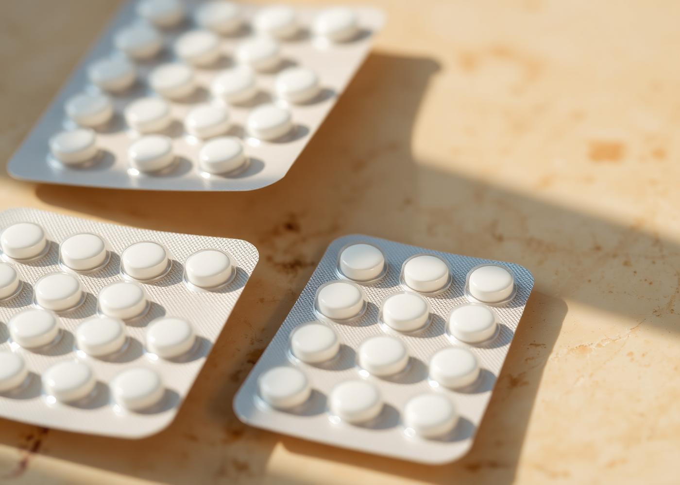 Blister packs of white tablets in warm light