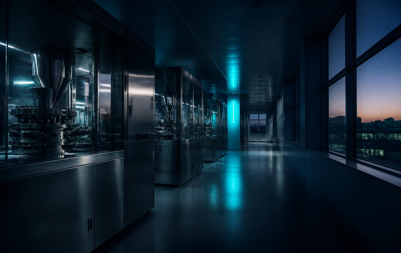Interior corridor of Graviti's pharmaceutical manufacturing facility with tablet press equipment