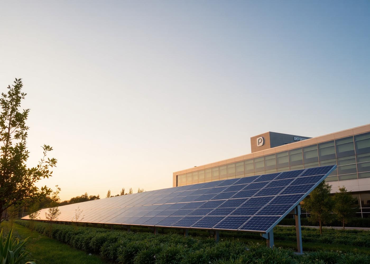 Solar array beside Graviti's manufacturing plant at golden hour