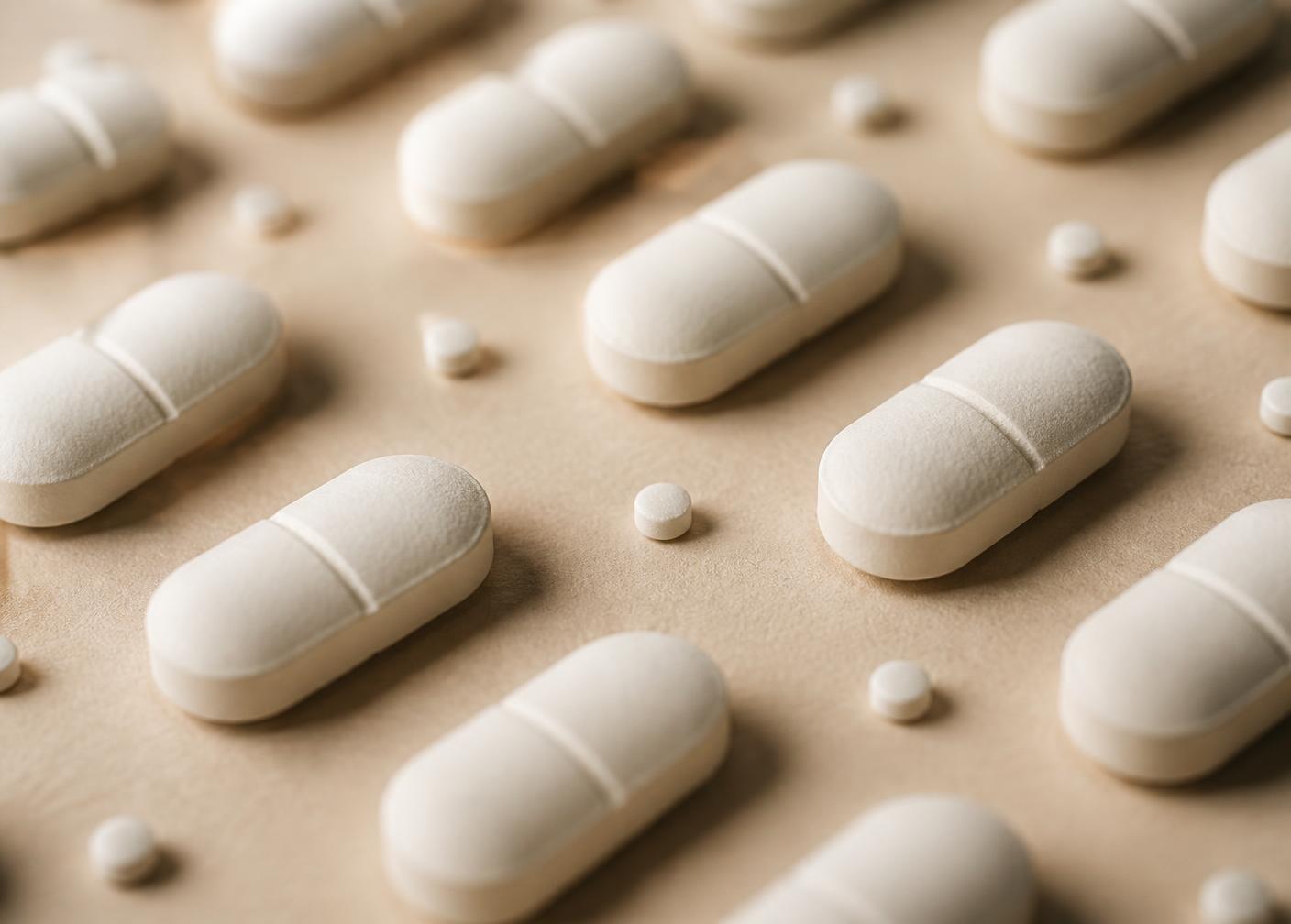 Macro view of pharmaceutical tablets and mini-tablets arranged in a grid